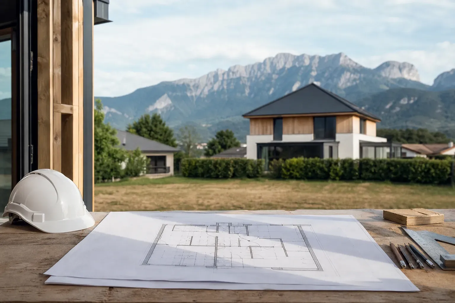 hero service plan de maison : plan architectural imprimé posé sur une table de chantier à côté d'un casque et de crayons, lumière naturelle, aucune personne visible