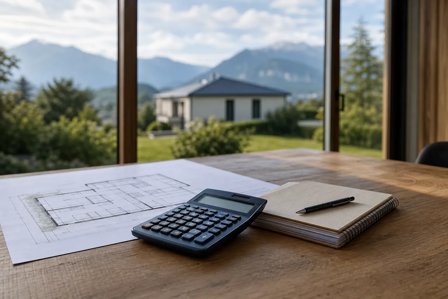 hero service prix et budget : plan de financement et calculatrice posés à côté d'un plan de maison sur une table en bois, lumière naturelle douce, aucune personne visible