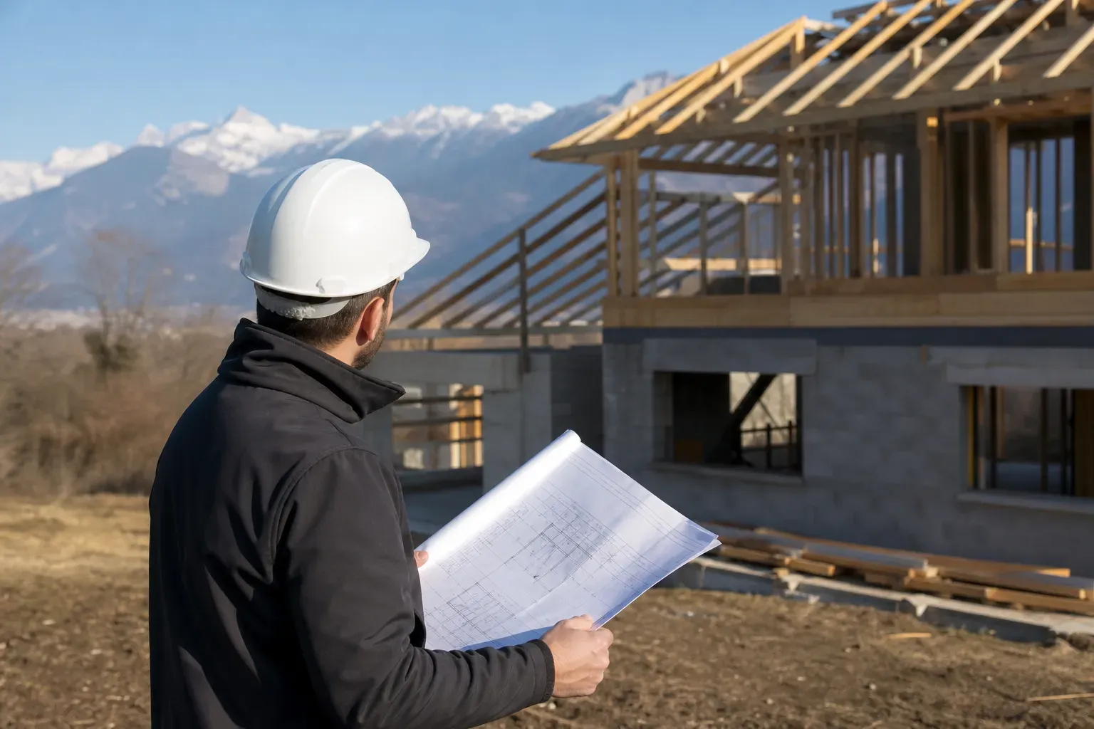 hero service maître d'œuvre : professionnel du bâtiment en visite de chantier consultant des plans devant une ossature de maison en cours de construction, lumière de journée, vue de dos ou de profil sans visage identifiable