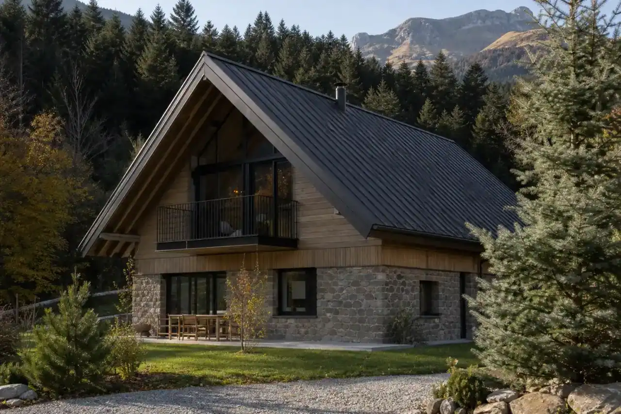 maison de moyenne montagne avec toit à forte pente, façade bois et pierre, forêt de conifères en arrière-plan, lumière d'automne, aucune personne visible