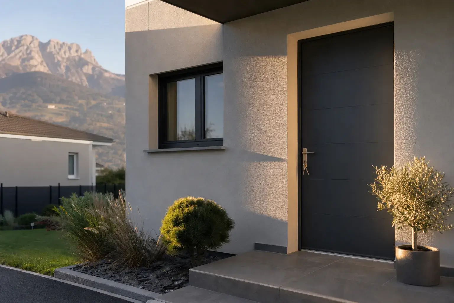 hero service clé en main : maison individuelle neuve achevée, style contemporain, porte d'entrée avec clés visibles posées sur la poignée, fin d'après-midi, aucune personne visible