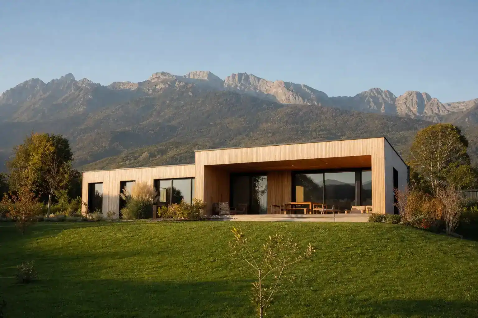 maison ossature bois contemporaine, bardage bois clair, toit plat, jardin engazonné, montagnes de Belledonne en arrière-plan, lumière fin d'après-midi, aucune personne visible