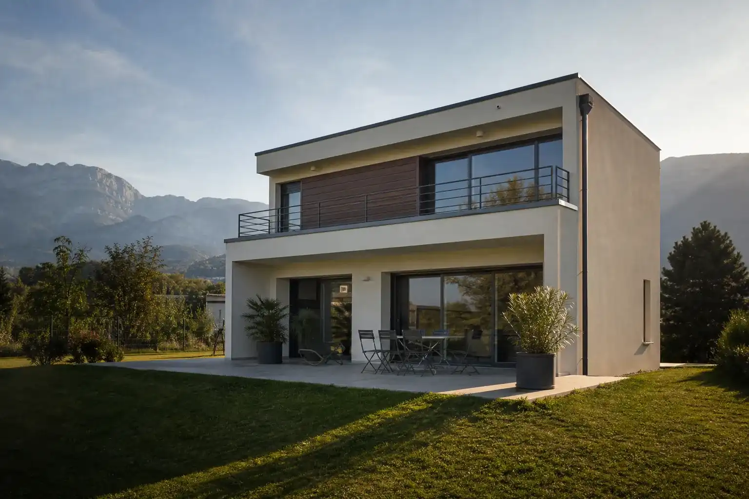 maison individuelle moderne proche d'un parc d'activités arboré, façade claire, baies vitrées, lumière de fin d'après-midi, aucune personne visible